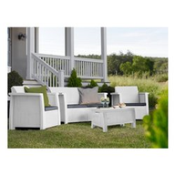 Keter Set salotto da giardino 4 pezzi con cuscini: 1 divano, 2 poltrone e 1 tavolino Bianco Polyrattan Denver 17201590